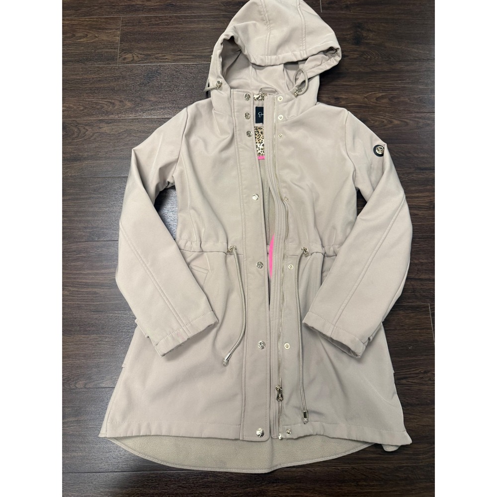 Jessica Simpson Softshell Coat Hooded Tiered Ruffle Back Beige Tan Small